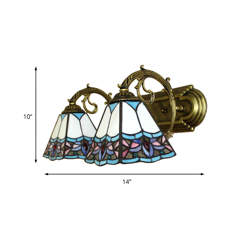 Pyramid Stained Glass Sconce Lighting Tiffany 2 Heads Black/Brass/Bronze Wall Mounted Light Fixture Clearhalo 'Industrial' 'Middle century wall lights' 'Tiffany wall lights' 'Tiffany' 'Wall Lamps & Sconces' 'Wall Lights' Lighting' 169427