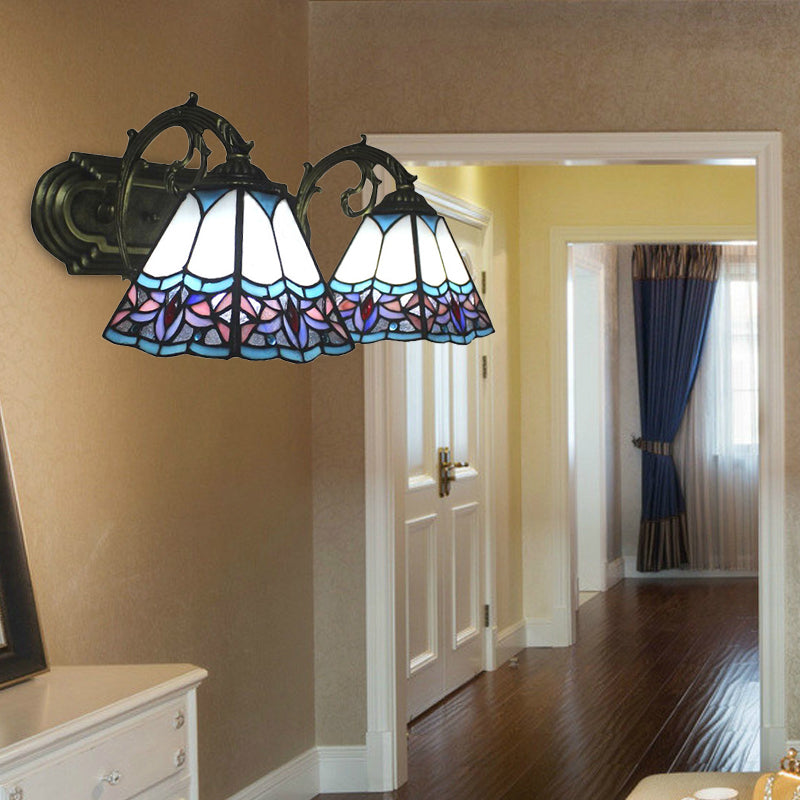Pyramid Stained Glass Sconce Lighting Tiffany 2 Heads Black/Brass/Bronze Wall Mounted Light Fixture Bronze Clearhalo 'Industrial' 'Middle century wall lights' 'Tiffany wall lights' 'Tiffany' 'Wall Lamps & Sconces' 'Wall Lights' Lighting' 169428