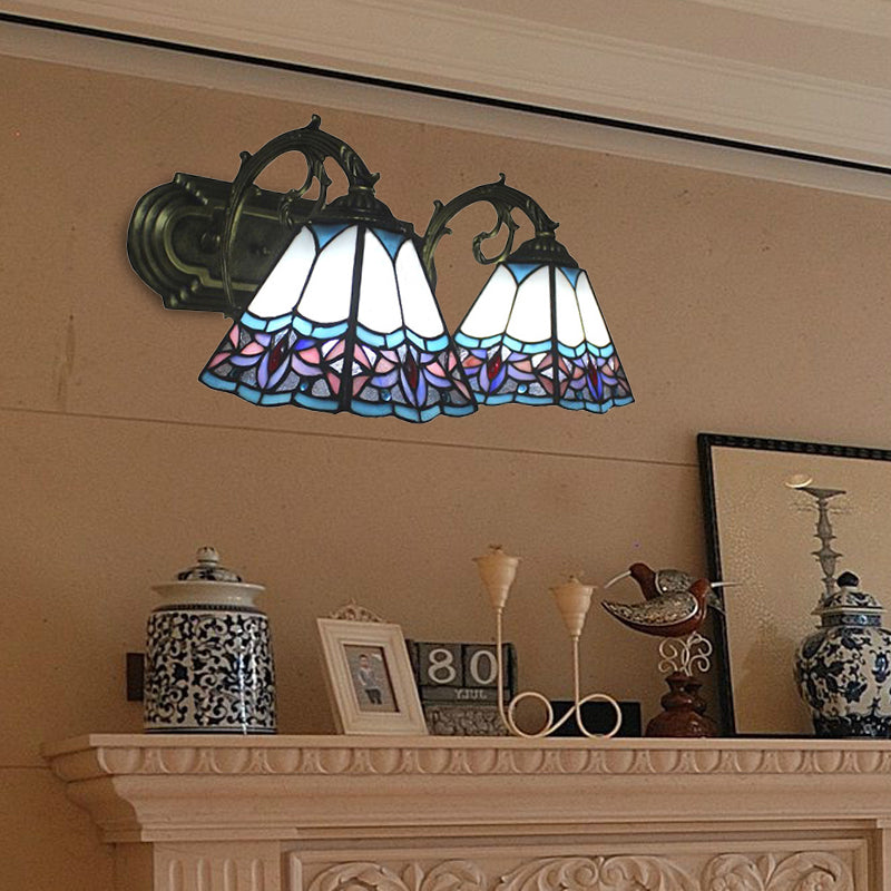 Pyramid Stained Glass Sconce Lighting Tiffany 2 Heads Black/Brass/Bronze Wall Mounted Light Fixture Clearhalo 'Industrial' 'Middle century wall lights' 'Tiffany wall lights' 'Tiffany' 'Wall Lamps & Sconces' 'Wall Lights' Lighting' 169429