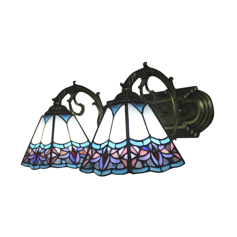 Pyramid Stained Glass Sconce Lighting Tiffany 2 Heads Black/Brass/Bronze Wall Mounted Light Fixture Clearhalo 'Industrial' 'Middle century wall lights' 'Tiffany wall lights' 'Tiffany' 'Wall Lamps & Sconces' 'Wall Lights' Lighting' 169430