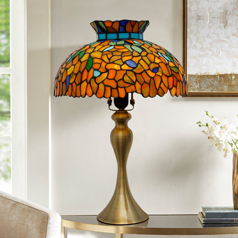 Stained Glass Dome Nightstand Lamp Vintage 1 Light Brass Desk Lighting with Mermaid Base Clearhalo 'Lamps' 'Table Lamps' Lighting' 1694314