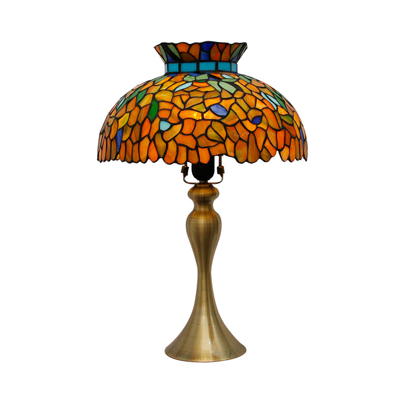 Stained Glass Dome Nightstand Lamp Vintage 1 Light Brass Desk Lighting with Mermaid Base Clearhalo 'Lamps' 'Table Lamps' Lighting' 1694315