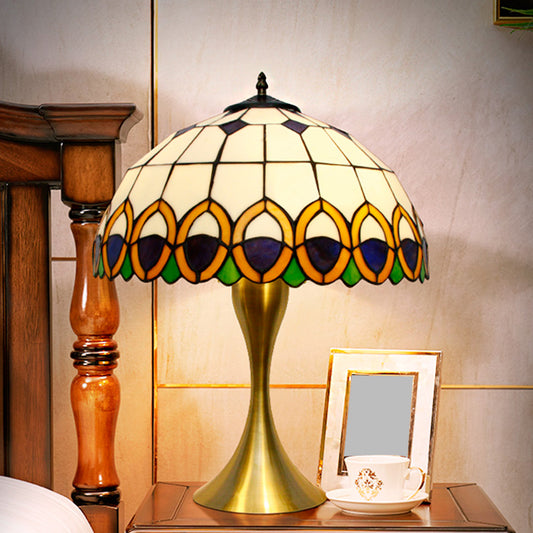 1-Light Nightstand Lighting Traditional Bowl Stained Art Glass Desk Lamp with Peacock Feather Pattern in Brass Clearhalo 'Lamps' 'Table Lamps' Lighting' 1694318