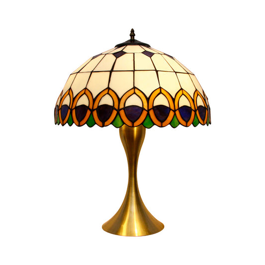 1-Light Nightstand Lighting Traditional Bowl Stained Art Glass Desk Lamp with Peacock Feather Pattern in Brass Clearhalo 'Lamps' 'Table Lamps' Lighting' 1694319