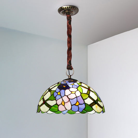 Domed Suspension Pendant Tiffany Handcrafted Stained Glass 3 Heads Bronze Ceiling Chandelier with Flower Pattern Clearhalo 'Ceiling Lights' 'Chandeliers' 'Close To Ceiling Lights' 'Glass shade' 'Glass' 'Industrial' 'Middle Century Chandeliers' 'Tiffany Chandeliers' 'Tiffany close to ceiling' 'Tiffany' Lighting' 1694322