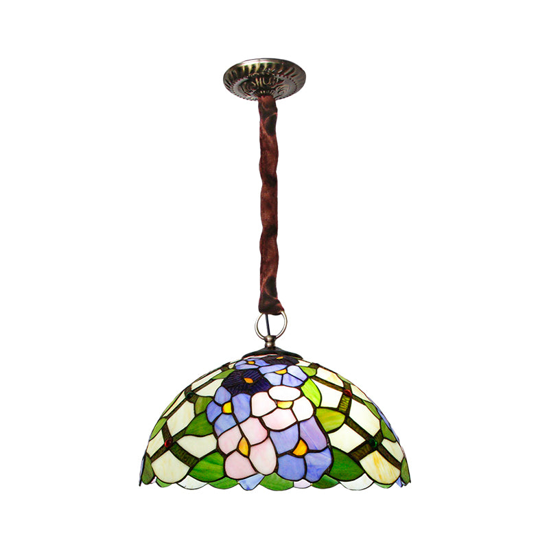 Domed Suspension Pendant Tiffany Handcrafted Stained Glass 3 Heads Bronze Ceiling Chandelier with Flower Pattern Clearhalo 'Ceiling Lights' 'Chandeliers' 'Close To Ceiling Lights' 'Glass shade' 'Glass' 'Industrial' 'Middle Century Chandeliers' 'Tiffany Chandeliers' 'Tiffany close to ceiling' 'Tiffany' Lighting' 1694323