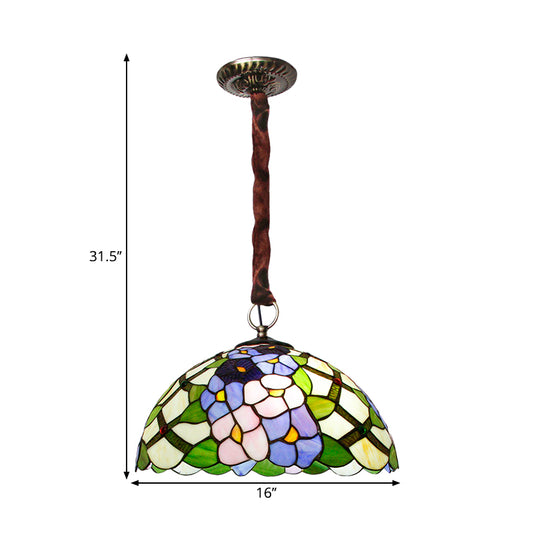 Domed Suspension Pendant Tiffany Handcrafted Stained Glass 3 Heads Bronze Ceiling Chandelier with Flower Pattern Clearhalo 'Ceiling Lights' 'Chandeliers' 'Close To Ceiling Lights' 'Glass shade' 'Glass' 'Industrial' 'Middle Century Chandeliers' 'Tiffany Chandeliers' 'Tiffany close to ceiling' 'Tiffany' Lighting' 1694324