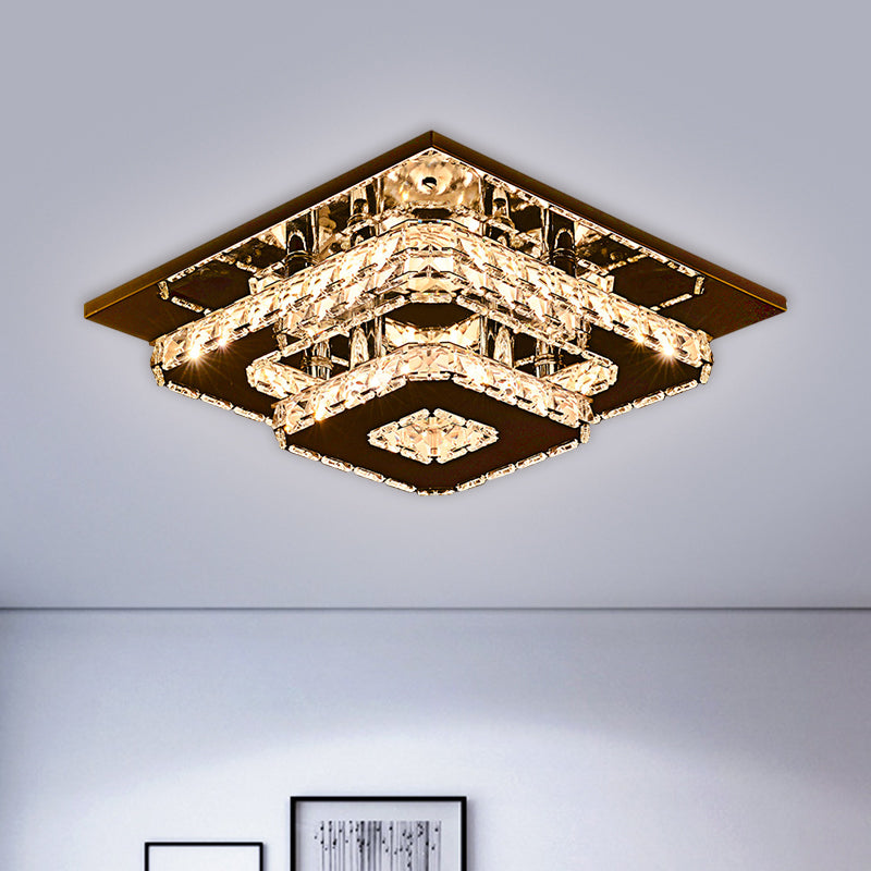 2-Tier Square Crystal Ceiling Fixture Contemporary 12"/26.5" Wide Stainless-Steel LED Flush Mount Lighting Clearhalo 'Ceiling Lights' 'Close To Ceiling Lights' 'Close to ceiling' 'Flush mount' Lighting' 1694326