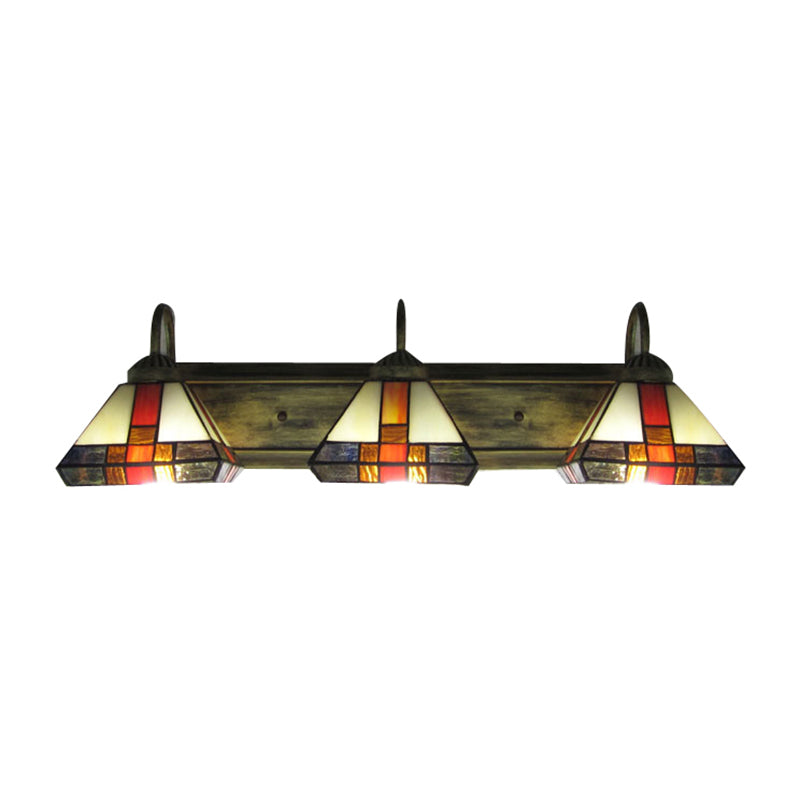 Triple Light Cone Vanity Lamp Stained Glass Mission Wall Sconce Light in Aged Brass Clearhalo 'Industrial' 'Middle century wall lights' 'Tiffany wall lights' 'Tiffany' 'Wall Lamps & Sconces' 'Wall Lights' Lighting' 169433