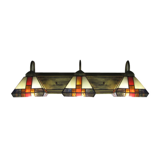 Triple Light Cone Vanity Lamp Stained Glass Mission Wall Sconce Light in Aged Brass Clearhalo 'Industrial' 'Middle century wall lights' 'Tiffany wall lights' 'Tiffany' 'Wall Lamps & Sconces' 'Wall Lights' Lighting' 169433
