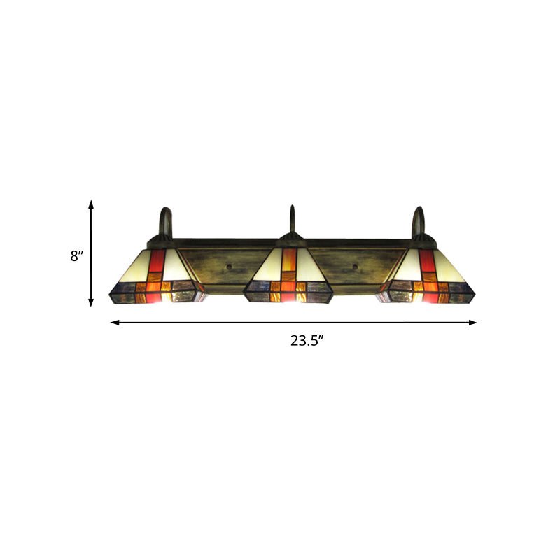 Triple Light Cone Vanity Lamp Stained Glass Mission Wall Sconce Light in Aged Brass Clearhalo 'Industrial' 'Middle century wall lights' 'Tiffany wall lights' 'Tiffany' 'Wall Lamps & Sconces' 'Wall Lights' Lighting' 169434