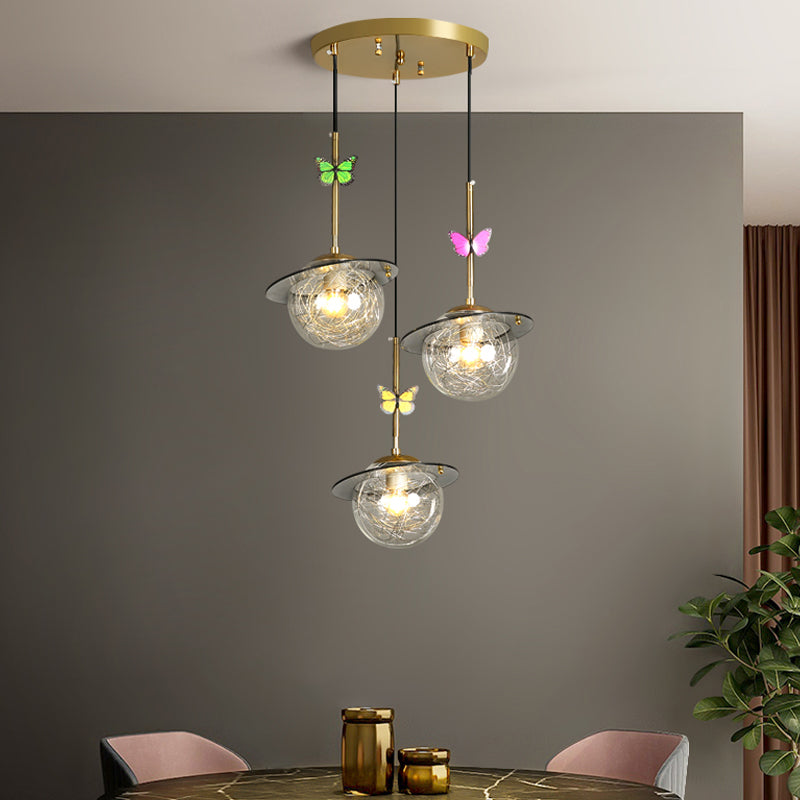 Opal Glass Global Hanging Light Cartoon 3-Bulb White/Clear/Smoky Pendant Lighting with Round/Linear Canopy and Dragonfly Deco Clear Round Clearhalo 'Ceiling Lights' 'Modern Pendants' 'Modern' 'Pendant Lights' 'Pendants' Lighting' 1694354