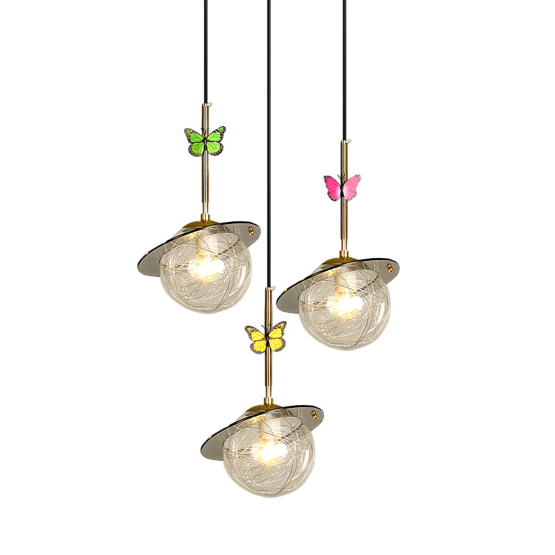 Opal Glass Global Hanging Light Cartoon 3-Bulb White/Clear/Smoky Pendant Lighting with Round/Linear Canopy and Dragonfly Deco Clearhalo 'Ceiling Lights' 'Modern Pendants' 'Modern' 'Pendant Lights' 'Pendants' Lighting' 1694355