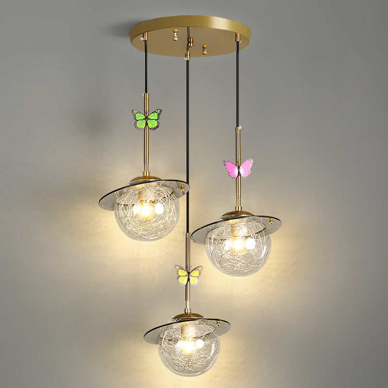 Opal Glass Global Hanging Light Cartoon 3-Bulb White/Clear/Smoky Pendant Lighting with Round/Linear Canopy and Dragonfly Deco Clearhalo 'Ceiling Lights' 'Modern Pendants' 'Modern' 'Pendant Lights' 'Pendants' Lighting' 1694356