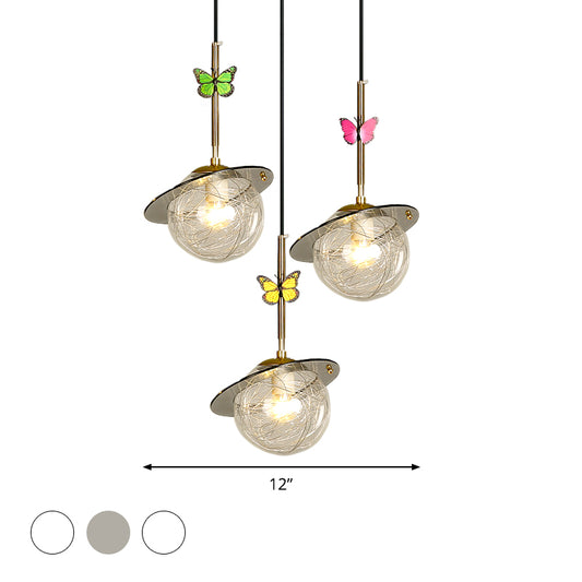 Opal Glass Global Hanging Light Cartoon 3-Bulb White/Clear/Smoky Pendant Lighting with Round/Linear Canopy and Dragonfly Deco Clearhalo 'Ceiling Lights' 'Modern Pendants' 'Modern' 'Pendant Lights' 'Pendants' Lighting' 1694357