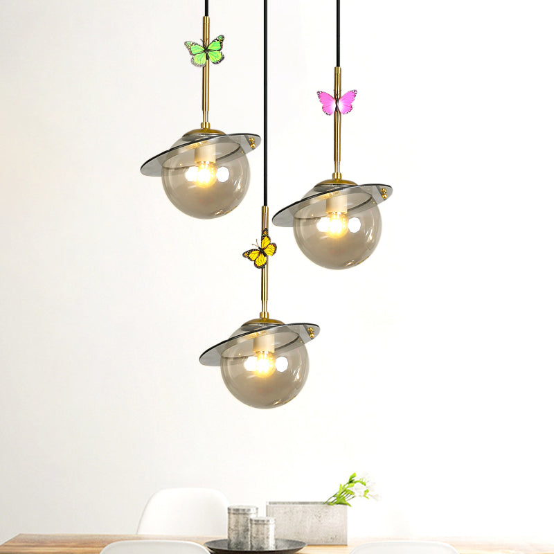 Opal Glass Global Hanging Light Cartoon 3-Bulb White/Clear/Smoky Pendant Lighting with Round/Linear Canopy and Dragonfly Deco Smoke Gray Round Clearhalo 'Ceiling Lights' 'Modern Pendants' 'Modern' 'Pendant Lights' 'Pendants' Lighting' 1694358