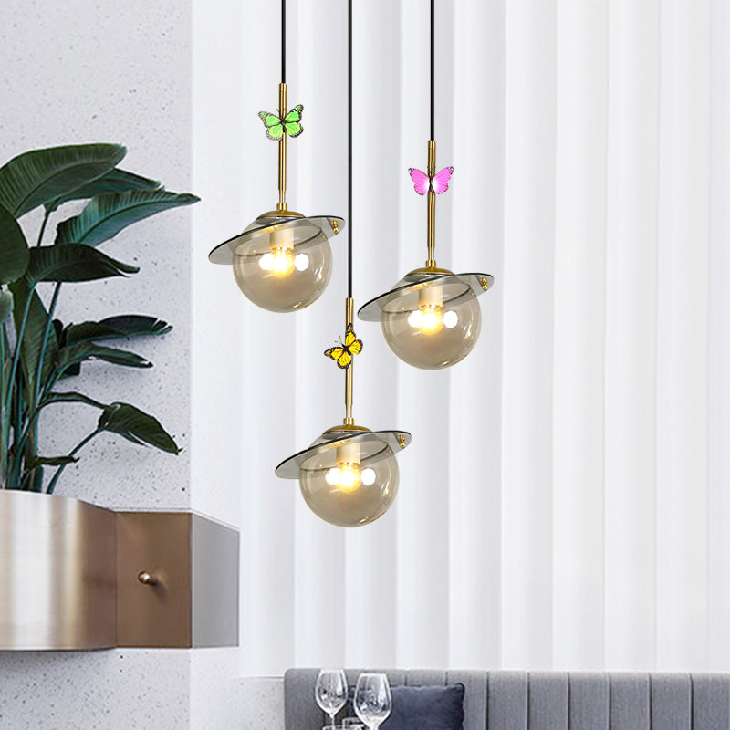 Opal Glass Global Hanging Light Cartoon 3-Bulb White/Clear/Smoky Pendant Lighting with Round/Linear Canopy and Dragonfly Deco Clearhalo 'Ceiling Lights' 'Modern Pendants' 'Modern' 'Pendant Lights' 'Pendants' Lighting' 1694359