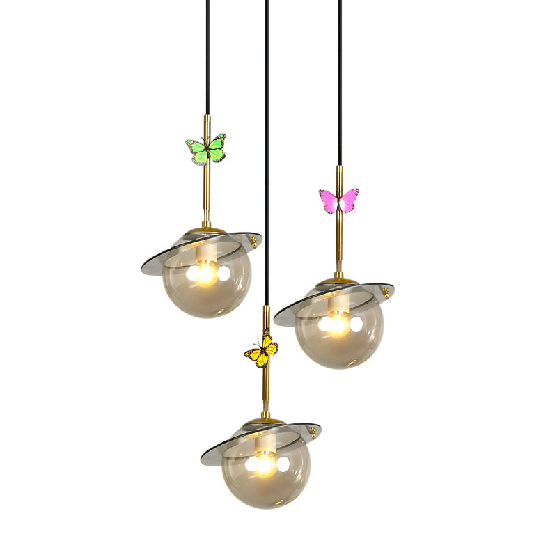 Opal Glass Global Hanging Light Cartoon 3-Bulb White/Clear/Smoky Pendant Lighting with Round/Linear Canopy and Dragonfly Deco Clearhalo 'Ceiling Lights' 'Modern Pendants' 'Modern' 'Pendant Lights' 'Pendants' Lighting' 1694360