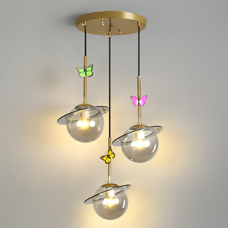 Opal Glass Global Hanging Light Cartoon 3-Bulb White/Clear/Smoky Pendant Lighting with Round/Linear Canopy and Dragonfly Deco Clearhalo 'Ceiling Lights' 'Modern Pendants' 'Modern' 'Pendant Lights' 'Pendants' Lighting' 1694361