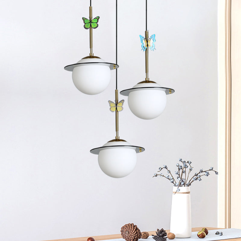 Opal Glass Global Hanging Light Cartoon 3-Bulb White/Clear/Smoky Pendant Lighting with Round/Linear Canopy and Dragonfly Deco White Round Clearhalo 'Ceiling Lights' 'Modern Pendants' 'Modern' 'Pendant Lights' 'Pendants' Lighting' 1694362