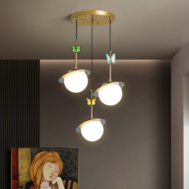 Opal Glass Global Hanging Light Cartoon 3-Bulb White/Clear/Smoky Pendant Lighting with Round/Linear Canopy and Dragonfly Deco Clearhalo 'Ceiling Lights' 'Modern Pendants' 'Modern' 'Pendant Lights' 'Pendants' Lighting' 1694363
