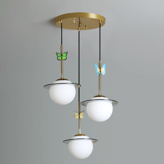 Opal Glass Global Hanging Light Cartoon 3-Bulb White/Clear/Smoky Pendant Lighting with Round/Linear Canopy and Dragonfly Deco Clearhalo 'Ceiling Lights' 'Modern Pendants' 'Modern' 'Pendant Lights' 'Pendants' Lighting' 1694365