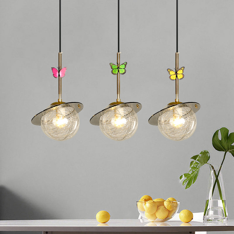 Opal Glass Global Hanging Light Cartoon 3-Bulb White/Clear/Smoky Pendant Lighting with Round/Linear Canopy and Dragonfly Deco Clear Linear Clearhalo 'Ceiling Lights' 'Modern Pendants' 'Modern' 'Pendant Lights' 'Pendants' Lighting' 1694366