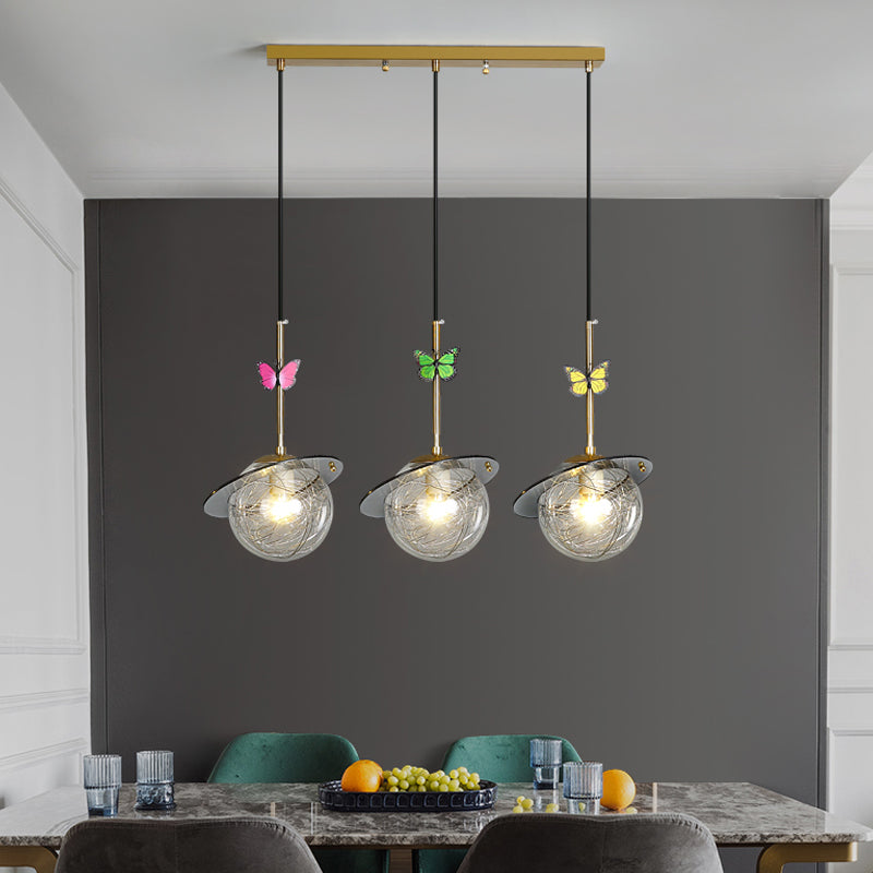 Opal Glass Global Hanging Light Cartoon 3-Bulb White/Clear/Smoky Pendant Lighting with Round/Linear Canopy and Dragonfly Deco Clearhalo 'Ceiling Lights' 'Modern Pendants' 'Modern' 'Pendant Lights' 'Pendants' Lighting' 1694367