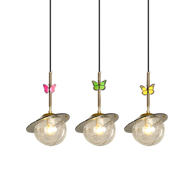 Opal Glass Global Hanging Light Cartoon 3-Bulb White/Clear/Smoky Pendant Lighting with Round/Linear Canopy and Dragonfly Deco Clearhalo 'Ceiling Lights' 'Modern Pendants' 'Modern' 'Pendant Lights' 'Pendants' Lighting' 1694368