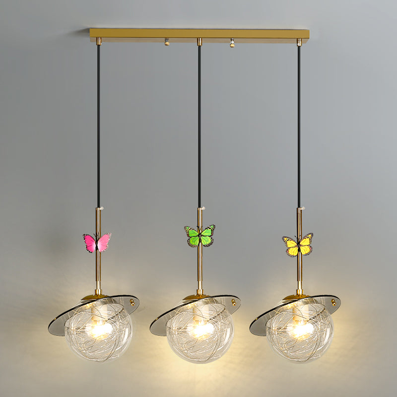 Opal Glass Global Hanging Light Cartoon 3-Bulb White/Clear/Smoky Pendant Lighting with Round/Linear Canopy and Dragonfly Deco Clearhalo 'Ceiling Lights' 'Modern Pendants' 'Modern' 'Pendant Lights' 'Pendants' Lighting' 1694369