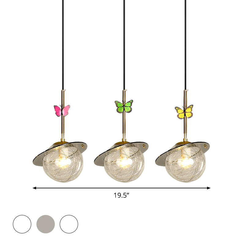 Opal Glass Global Hanging Light Cartoon 3-Bulb White/Clear/Smoky Pendant Lighting with Round/Linear Canopy and Dragonfly Deco Clearhalo 'Ceiling Lights' 'Modern Pendants' 'Modern' 'Pendant Lights' 'Pendants' Lighting' 1694370