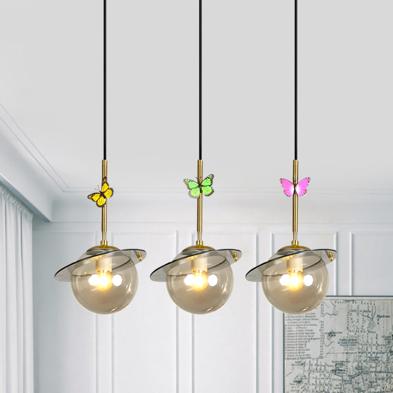 Opal Glass Global Hanging Light Cartoon 3-Bulb White/Clear/Smoky Pendant Lighting with Round/Linear Canopy and Dragonfly Deco Smoke Gray Linear Clearhalo 'Ceiling Lights' 'Modern Pendants' 'Modern' 'Pendant Lights' 'Pendants' Lighting' 1694371