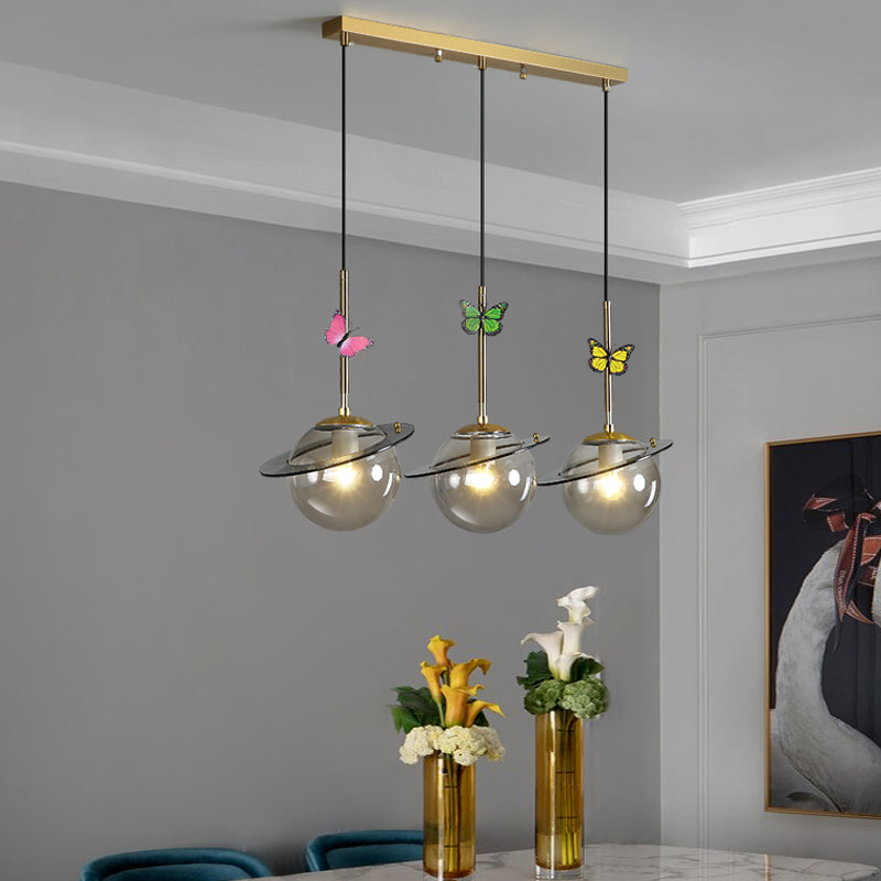 Opal Glass Global Hanging Light Cartoon 3-Bulb White/Clear/Smoky Pendant Lighting with Round/Linear Canopy and Dragonfly Deco Clearhalo 'Ceiling Lights' 'Modern Pendants' 'Modern' 'Pendant Lights' 'Pendants' Lighting' 1694372