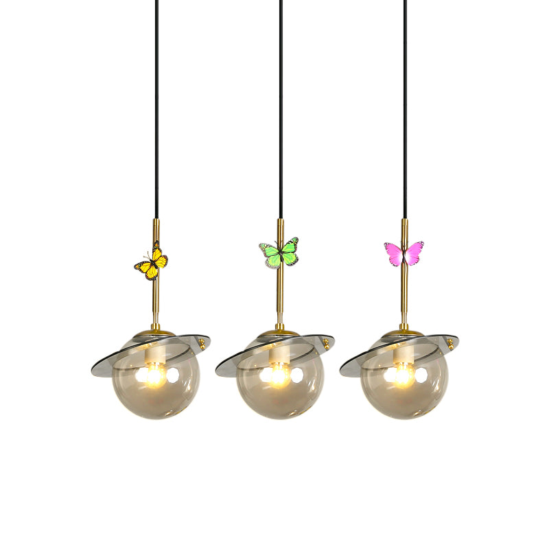 Opal Glass Global Hanging Light Cartoon 3-Bulb White/Clear/Smoky Pendant Lighting with Round/Linear Canopy and Dragonfly Deco Clearhalo 'Ceiling Lights' 'Modern Pendants' 'Modern' 'Pendant Lights' 'Pendants' Lighting' 1694373