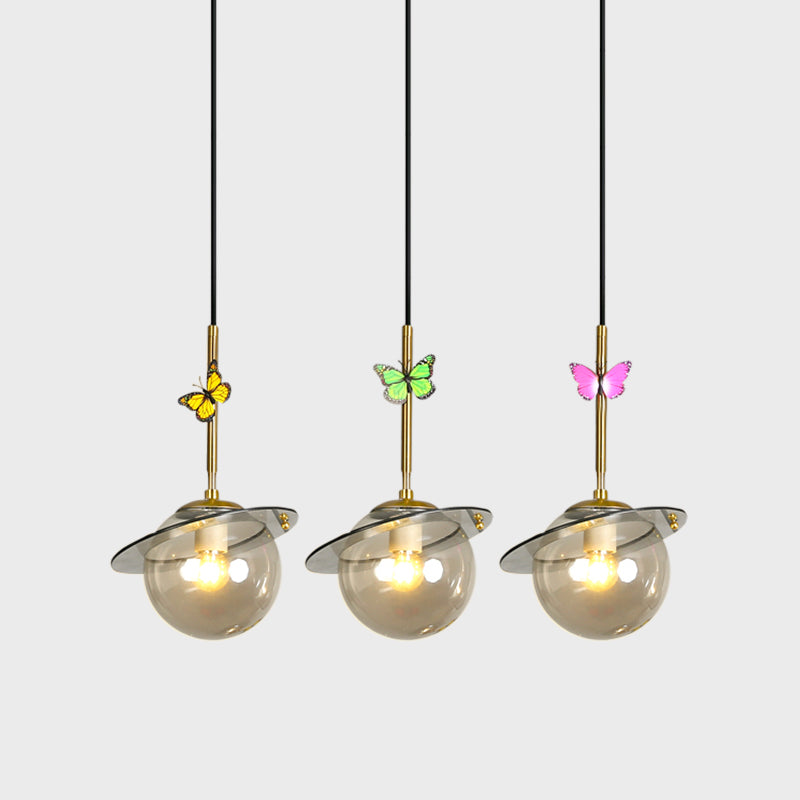 Opal Glass Global Hanging Light Cartoon 3-Bulb White/Clear/Smoky Pendant Lighting with Round/Linear Canopy and Dragonfly Deco Clearhalo 'Ceiling Lights' 'Modern Pendants' 'Modern' 'Pendant Lights' 'Pendants' Lighting' 1694374