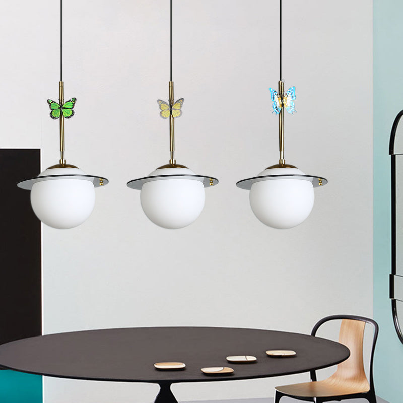 Opal Glass Global Hanging Light Cartoon 3-Bulb White/Clear/Smoky Pendant Lighting with Round/Linear Canopy and Dragonfly Deco White Linear Clearhalo 'Ceiling Lights' 'Modern Pendants' 'Modern' 'Pendant Lights' 'Pendants' Lighting' 1694375