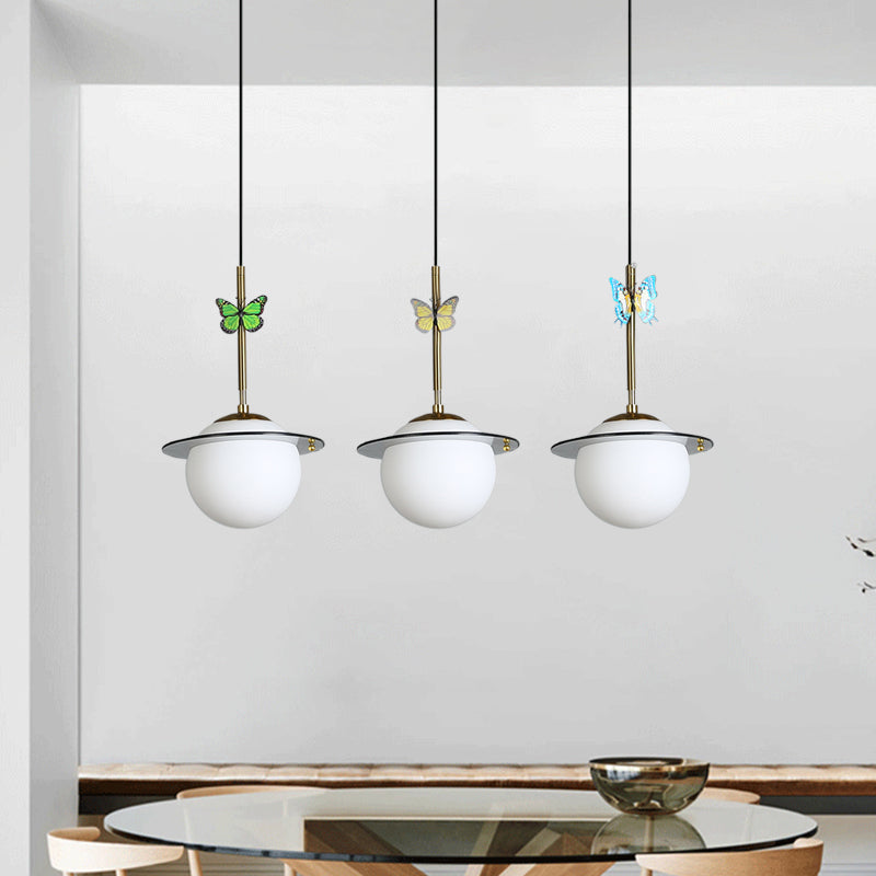 Opal Glass Global Hanging Light Cartoon 3-Bulb White/Clear/Smoky Pendant Lighting with Round/Linear Canopy and Dragonfly Deco Clearhalo 'Ceiling Lights' 'Modern Pendants' 'Modern' 'Pendant Lights' 'Pendants' Lighting' 1694376