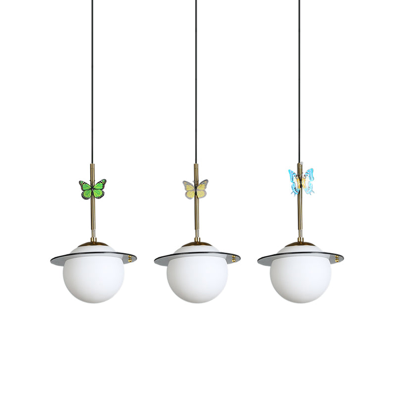 Opal Glass Global Hanging Light Cartoon 3-Bulb White/Clear/Smoky Pendant Lighting with Round/Linear Canopy and Dragonfly Deco Clearhalo 'Ceiling Lights' 'Modern Pendants' 'Modern' 'Pendant Lights' 'Pendants' Lighting' 1694377