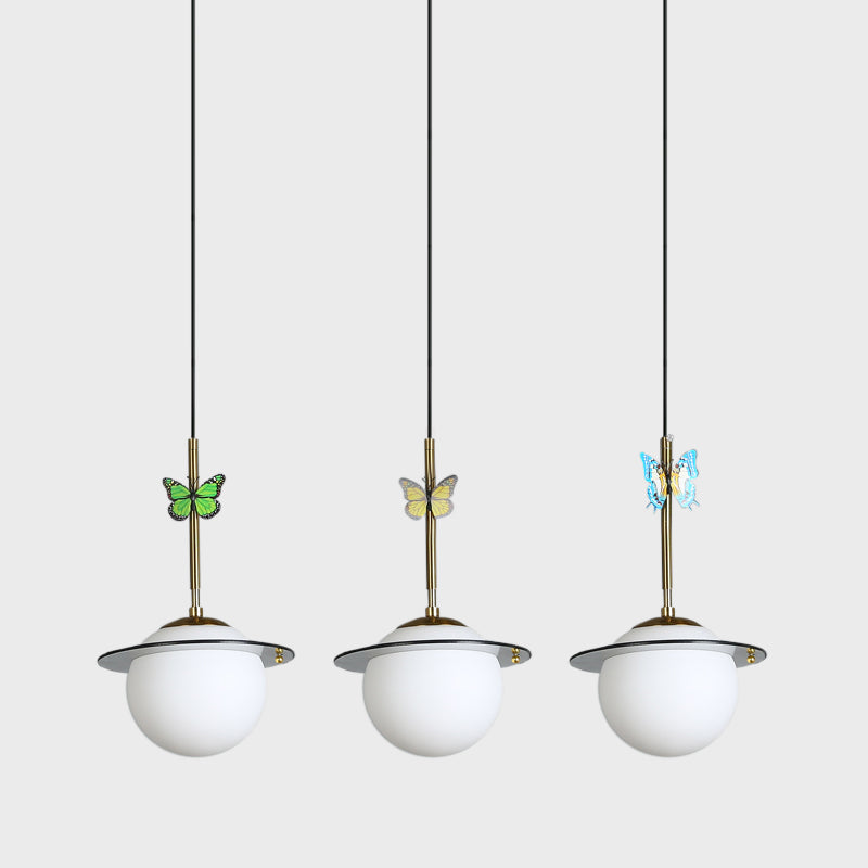 Opal Glass Global Hanging Light Cartoon 3-Bulb White/Clear/Smoky Pendant Lighting with Round/Linear Canopy and Dragonfly Deco Clearhalo 'Ceiling Lights' 'Modern Pendants' 'Modern' 'Pendant Lights' 'Pendants' Lighting' 1694378