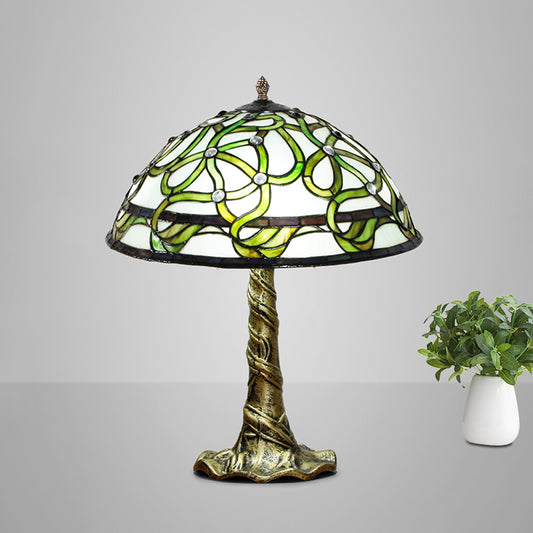 Bowl Hand-Cut Stained Glass Table Light Baroque 1 Bulb Brass Night Lamp with Pull Chains Clearhalo 'Lamps' 'Table Lamps' Lighting' 1694380