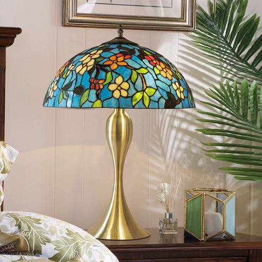 Dome Stained Glass Nightstand Lamp Mediterranean 1-Light Blue Task Lighting with Flower Pattern Clearhalo 'Lamps' 'Table Lamps' Lighting' 1694384