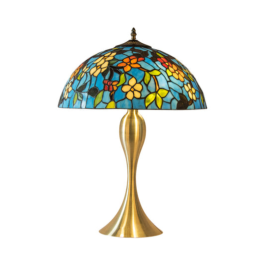 Dome Stained Glass Nightstand Lamp Mediterranean 1-Light Blue Task Lighting with Flower Pattern Clearhalo 'Lamps' 'Table Lamps' Lighting' 1694385
