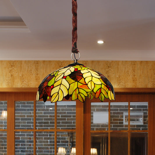 Leave Handcrafted Art Glass Drop Lamp Tiffany 3-Head Yellow Chandelier Light with Jewel Deco Yellow Clearhalo 'Ceiling Lights' 'Chandeliers' 'Close To Ceiling Lights' 'Industrial' 'Middle Century Chandeliers' 'Tiffany Chandeliers' 'Tiffany close to ceiling' 'Tiffany' Lighting' 1694391