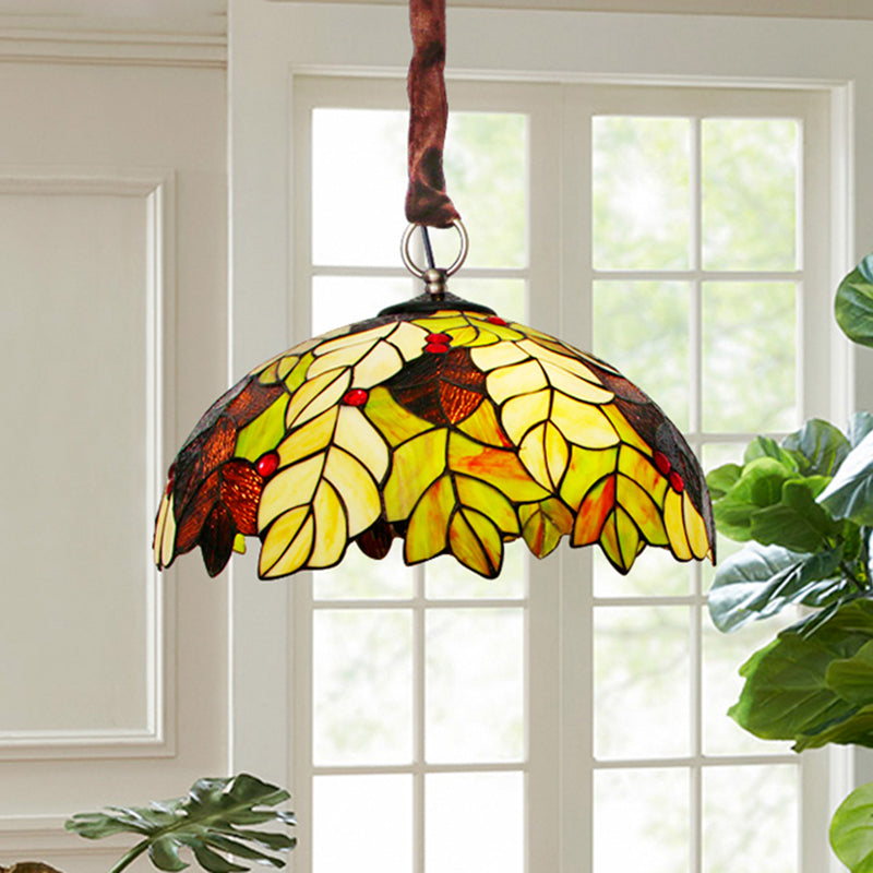 Leave Handcrafted Art Glass Drop Lamp Tiffany 3-Head Yellow Chandelier Light with Jewel Deco Clearhalo 'Ceiling Lights' 'Chandeliers' 'Close To Ceiling Lights' 'Industrial' 'Middle Century Chandeliers' 'Tiffany Chandeliers' 'Tiffany close to ceiling' 'Tiffany' Lighting' 1694392