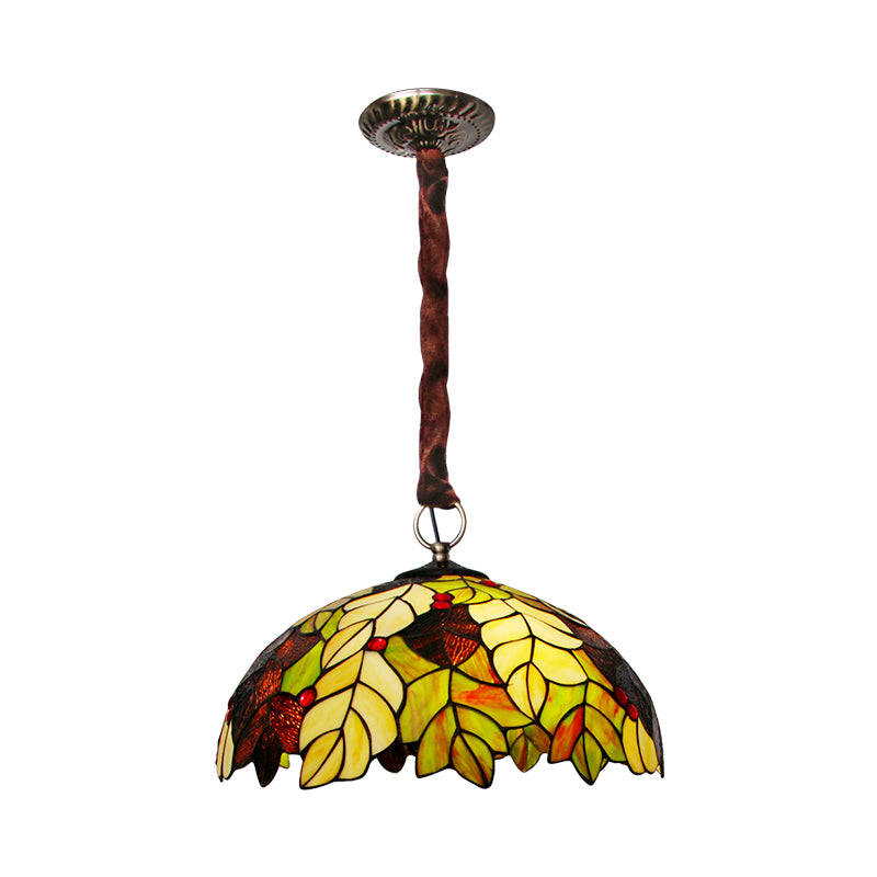 Leave Handcrafted Art Glass Drop Lamp Tiffany 3-Head Yellow Chandelier Light with Jewel Deco Clearhalo 'Ceiling Lights' 'Chandeliers' 'Close To Ceiling Lights' 'Industrial' 'Middle Century Chandeliers' 'Tiffany Chandeliers' 'Tiffany close to ceiling' 'Tiffany' Lighting' 1694393