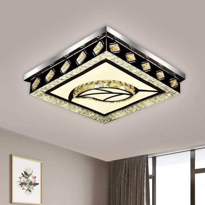 Square Flush Light Fixture Modern Clear Crystal Living Room LED Ceiling Lamp in Nickel with Leaf/Cubic Pattern Nickel A Clearhalo 'Ceiling Lights' 'Close To Ceiling Lights' 'Close to ceiling' 'Flush mount' Lighting' 1694411