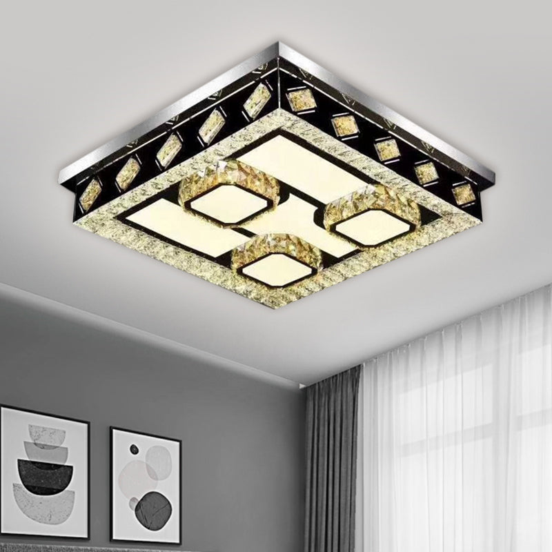 Square Flush Light Fixture Modern Clear Crystal Living Room LED Ceiling Lamp in Nickel with Leaf/Cubic Pattern Nickel B Clearhalo 'Ceiling Lights' 'Close To Ceiling Lights' 'Close to ceiling' 'Flush mount' Lighting' 1694415