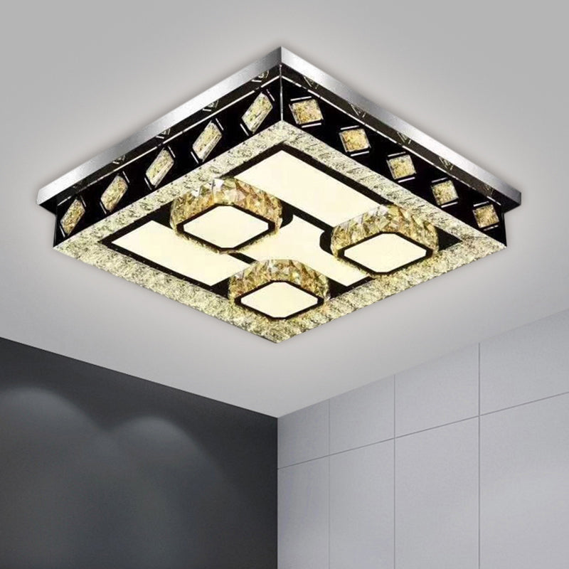 Square Flush Light Fixture Modern Clear Crystal Living Room LED Ceiling Lamp in Nickel with Leaf/Cubic Pattern Clearhalo 'Ceiling Lights' 'Close To Ceiling Lights' 'Close to ceiling' 'Flush mount' Lighting' 1694416