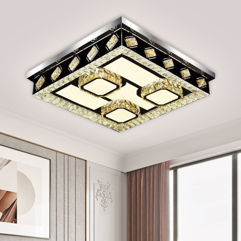 Square Flush Light Fixture Modern Clear Crystal Living Room LED Ceiling Lamp in Nickel with Leaf/Cubic Pattern Clearhalo 'Ceiling Lights' 'Close To Ceiling Lights' 'Close to ceiling' 'Flush mount' Lighting' 1694417