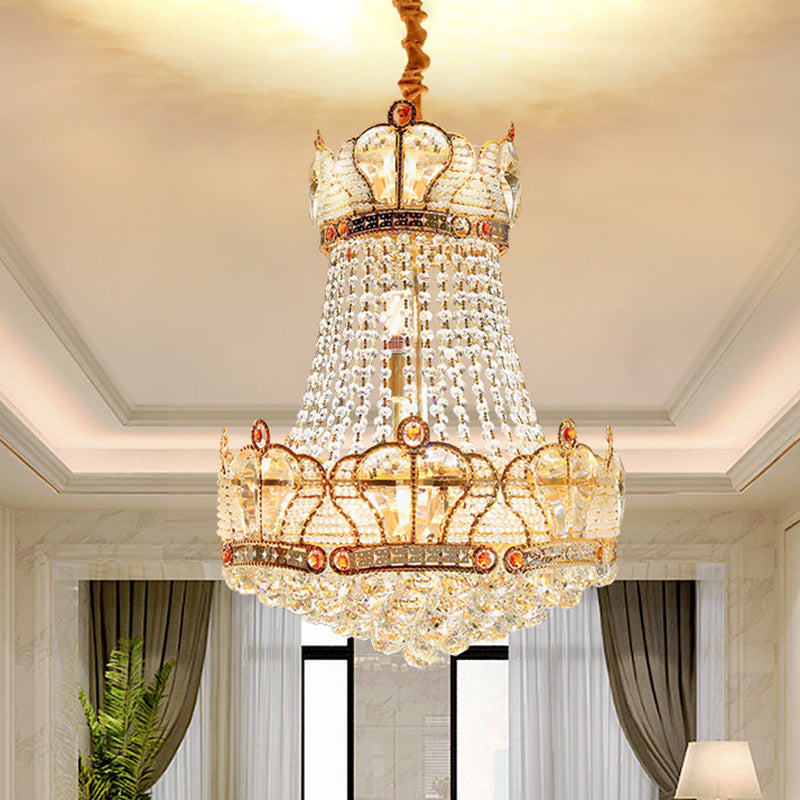Basket Crystal Strand Chandelier Lamp Modern 8 Lights Gold Pendant Lighting Fixture for Living Room Gold Clearhalo 'Ceiling Lights' 'Chandeliers' 'Modern Chandeliers' 'Modern' Lighting' 1694420